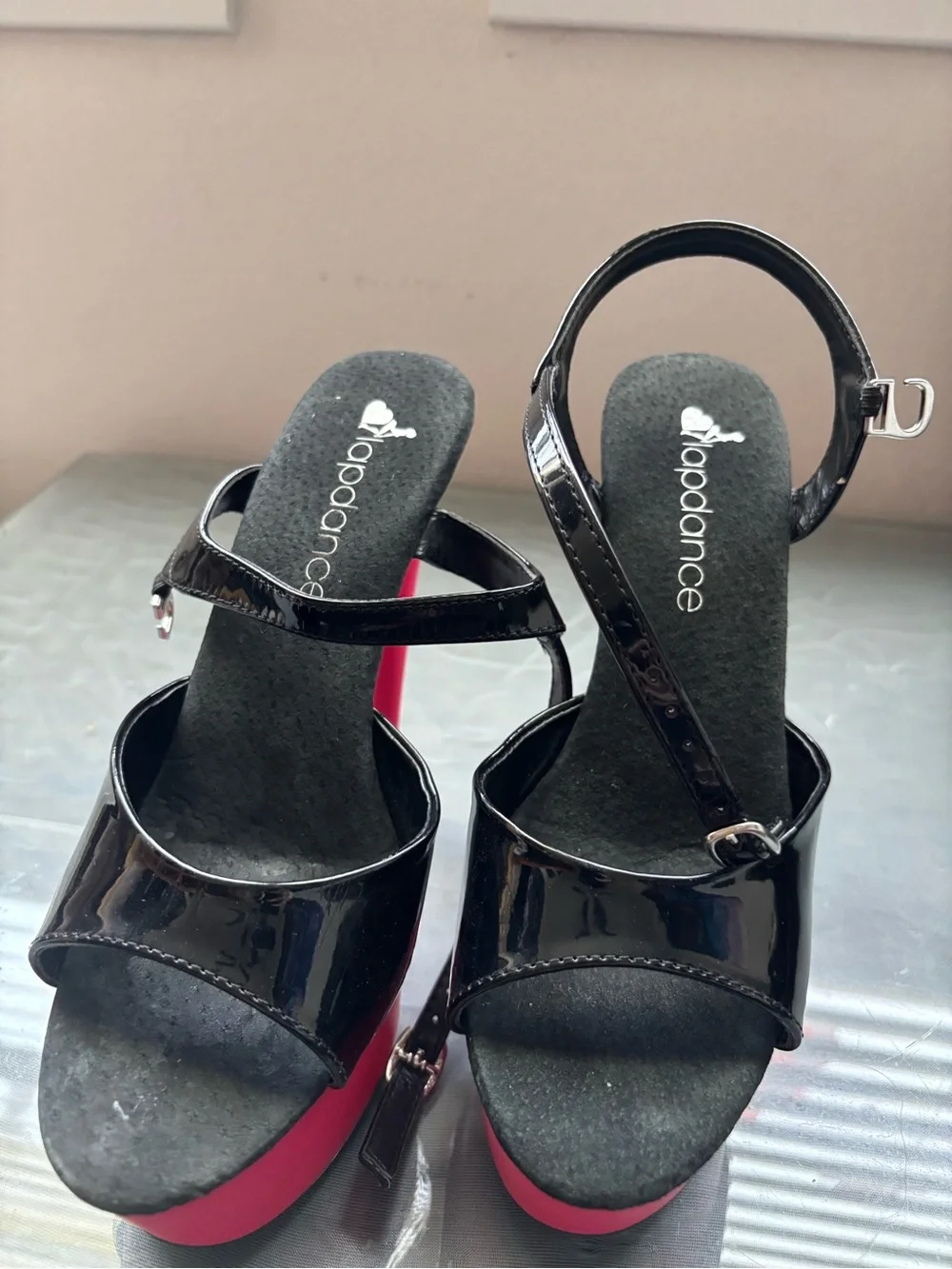 Black Patent & Hot Pink Platform Sandals with Ankle Strap